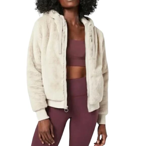 Athleta Ritual Cozy Abalone Cream Zipper Front Faux Fur Hoodie Jacket Size XS - Picture 1 of 7